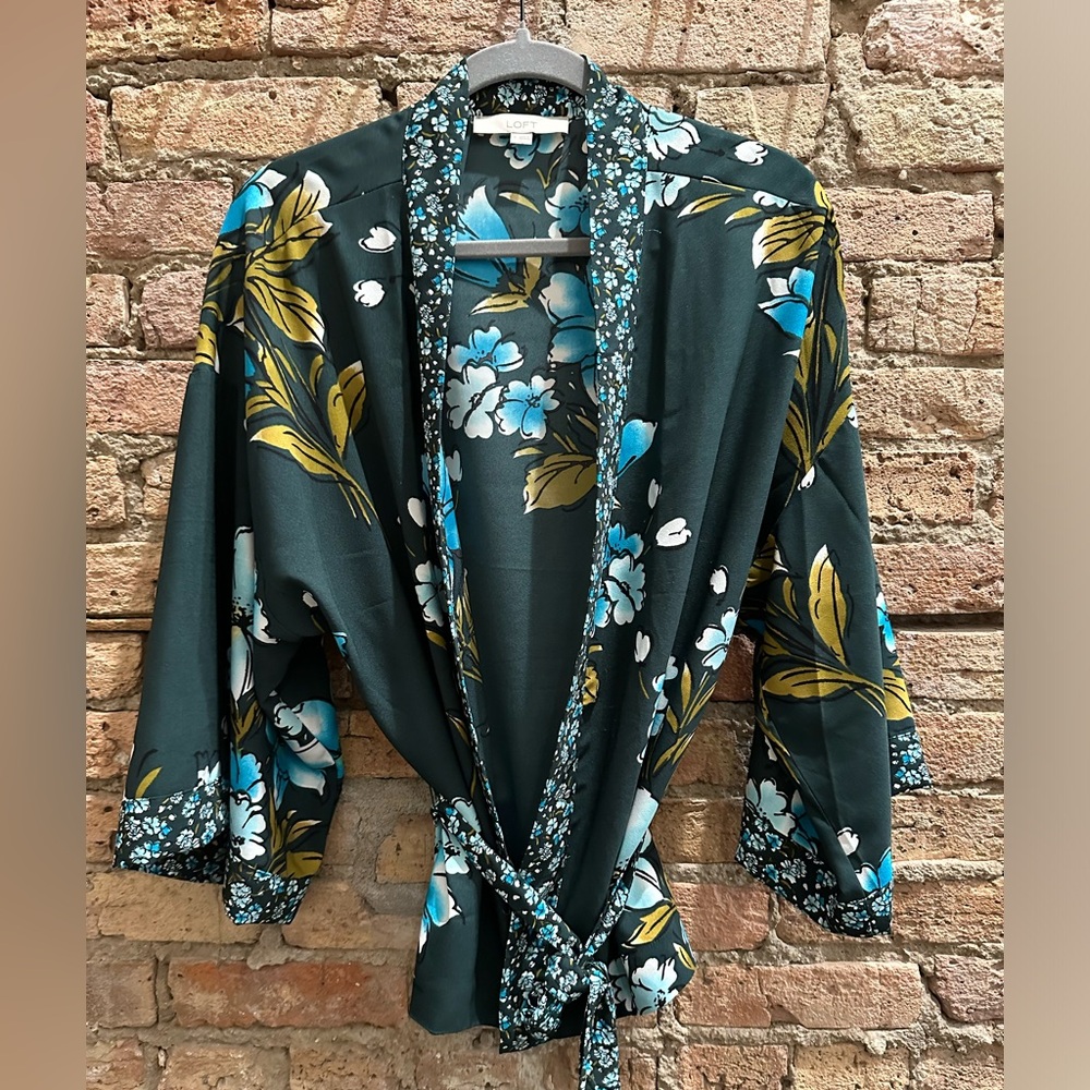 LOFT Dark Green Floral Kimono Jacket with Blue & White Flowers